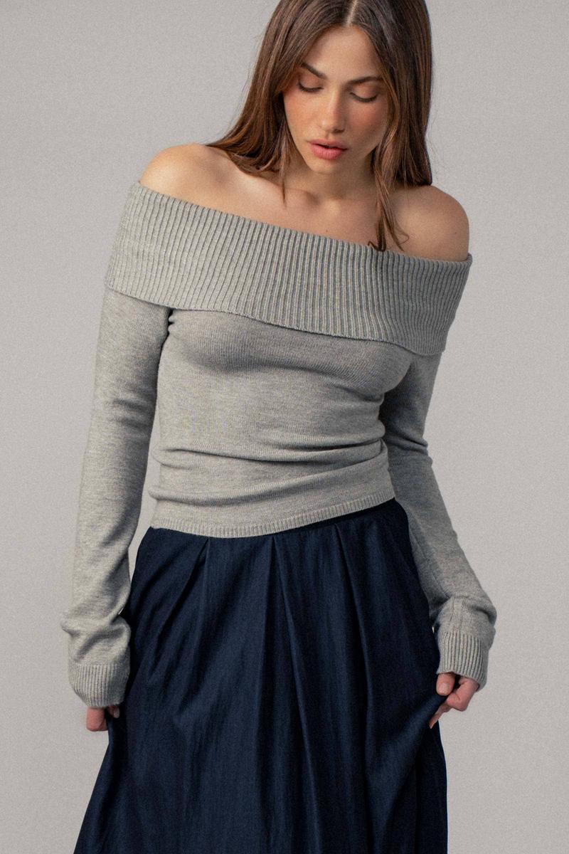 Urban Daizy - Ribbed Off-Shoulder Long Sleeve Sweater in Heather Grey