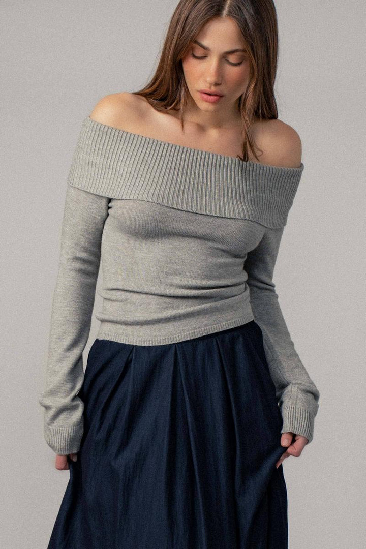 Urban Daizy - Ribbed Off-Shoulder Long Sleeve Sweater in Heather Grey