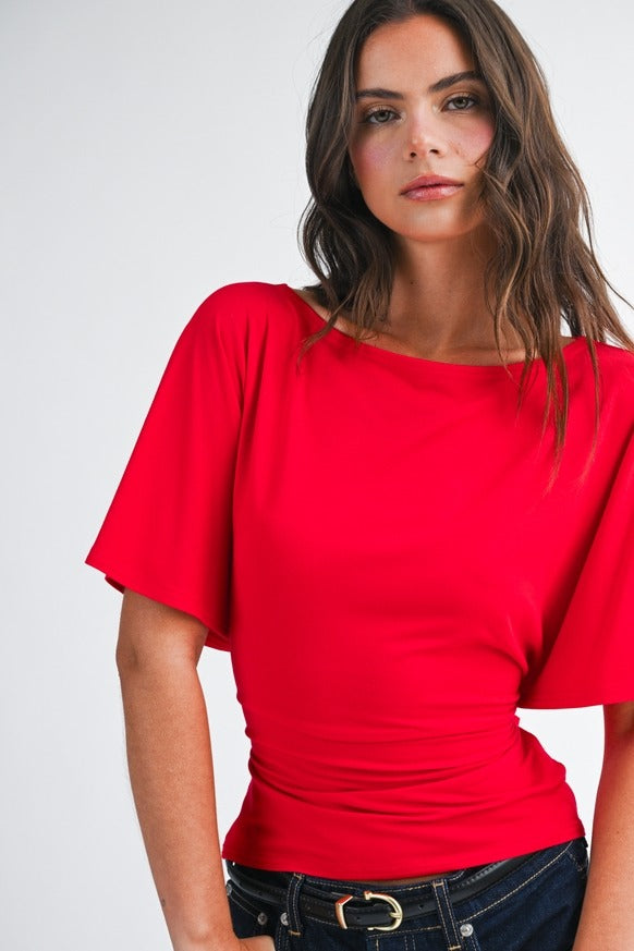 AEMI + CO - Draped Short Sleeve Back Tie Top