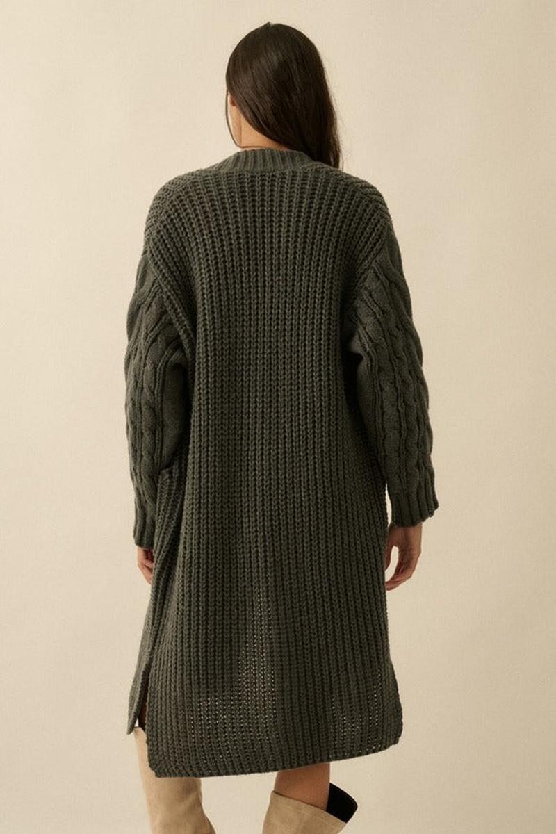 Promesa USA - Solid Rib Knit Open Front Cable Knit Cardigan in Charcoal