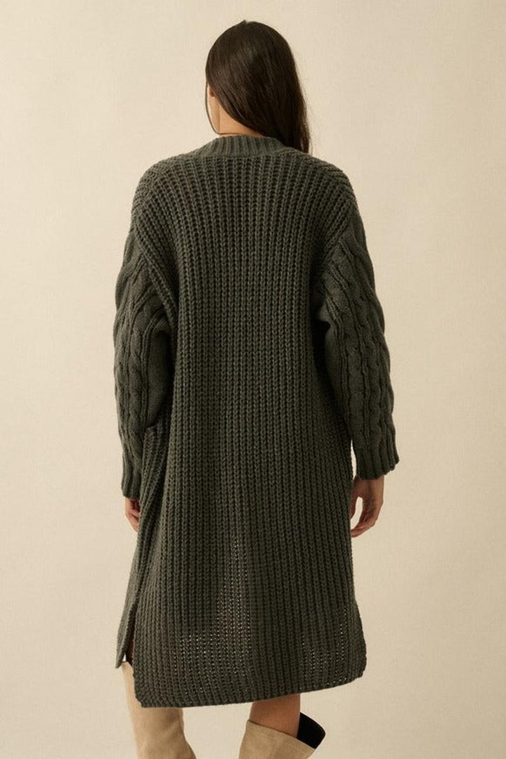Promesa USA - Solid Rib Knit Open Front Cable Knit Cardigan in Charcoal