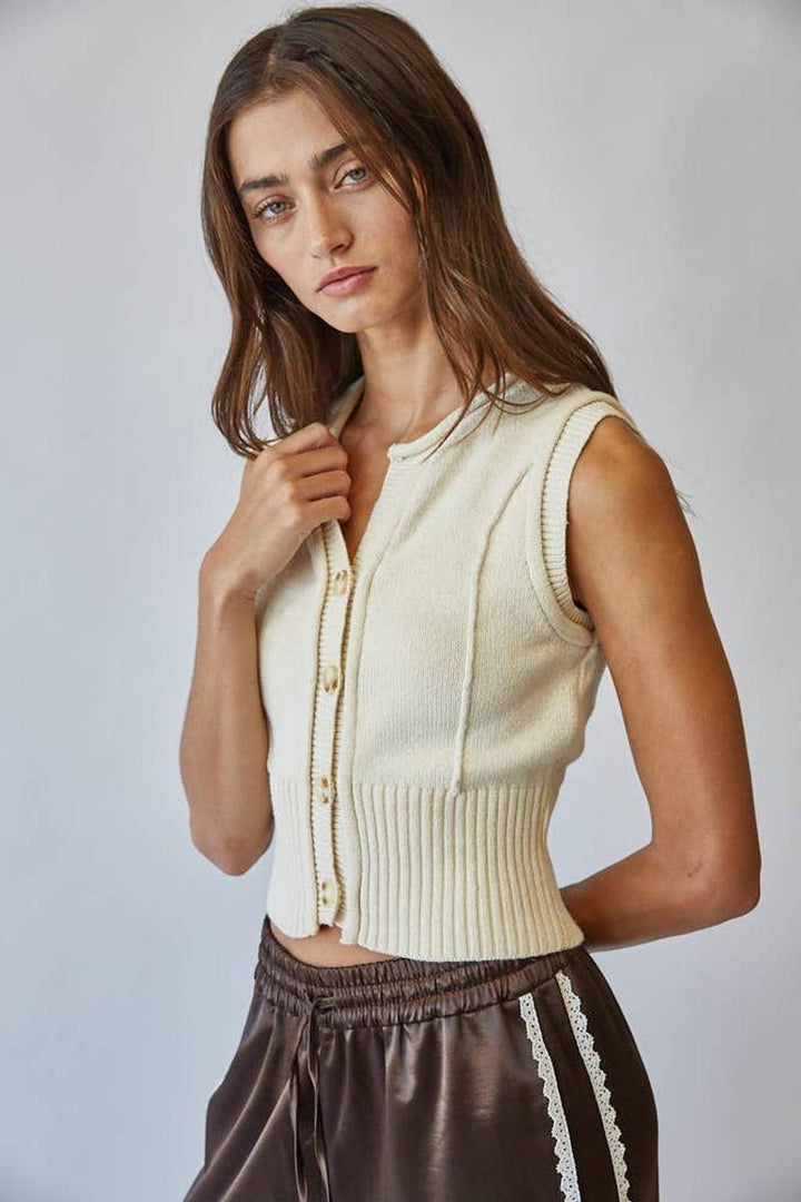 Creamon - Natural Roll Up Neck Sweater Vest Top