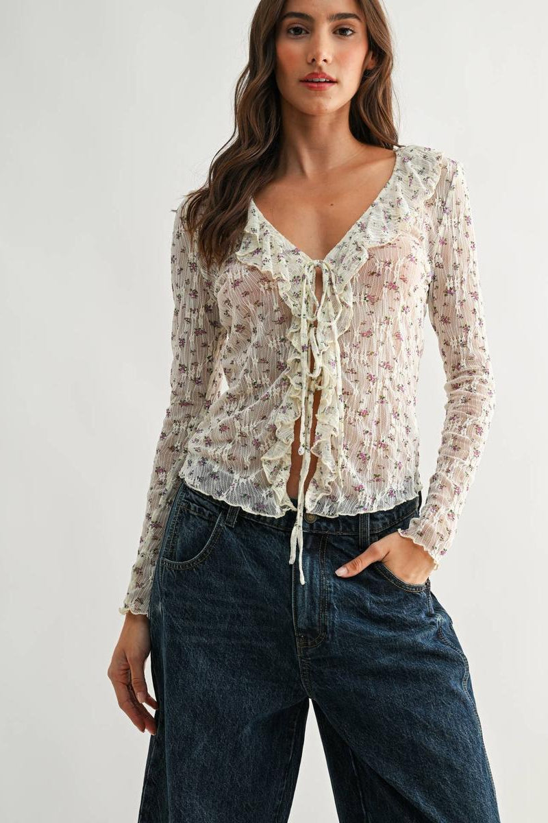 Camellia - Sheer Floral Lace Long Sleeve Blouse in Ivory/Purple