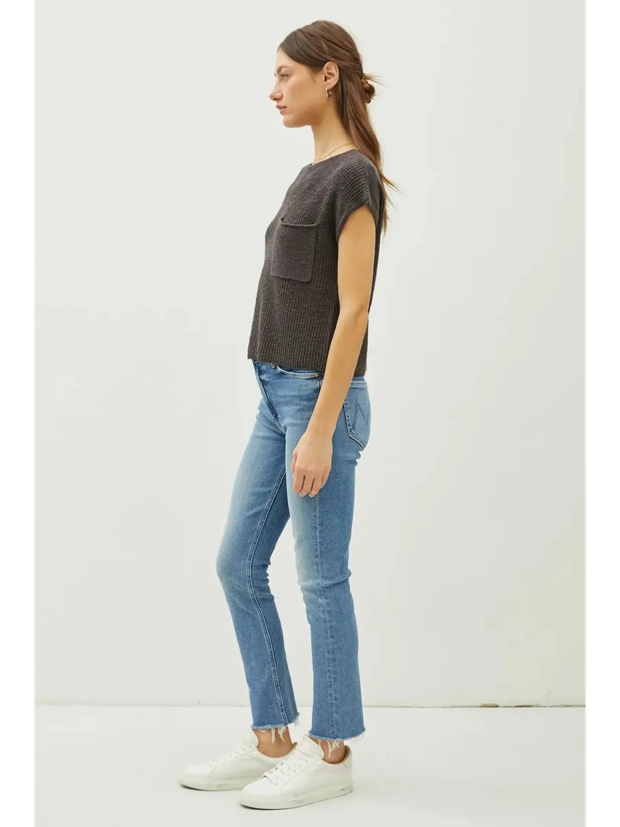 Be Cool - Patch Pocket Dolman Cap Sleeve Boxy Knit in Dark Charcoal