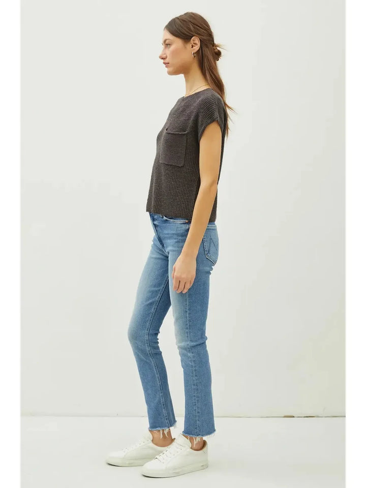 Be Cool - Patch Pocket Dolman Cap Sleeve Boxy Knit in Dark Charcoal