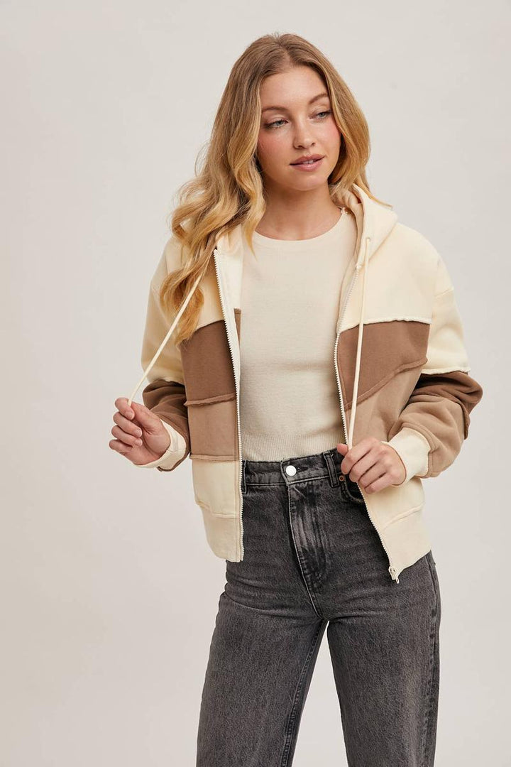 Bluivy - Zipper Front Patchwork Landscape Hoodie in Mocha Combo
