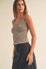 Miou Muse - Washed Look Detail Textured Knitted Top in Mocha