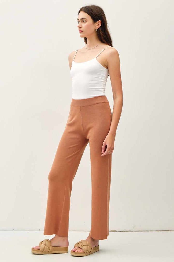Be Cool - High Rise Elastic Waist Ribbed Knit Pants in Hazelnut