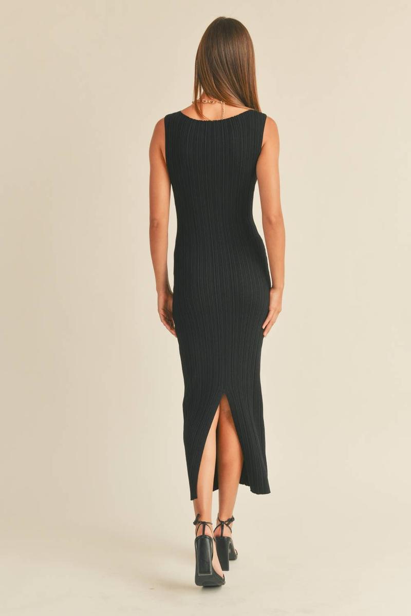 Miou Muse - Striped Rib Knit Midi Dress in Black