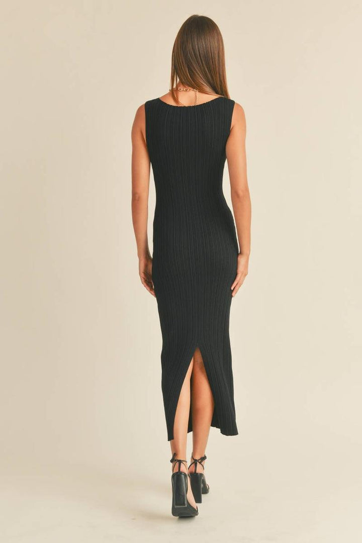Miou Muse - Striped Rib Knit Midi Dress in Black