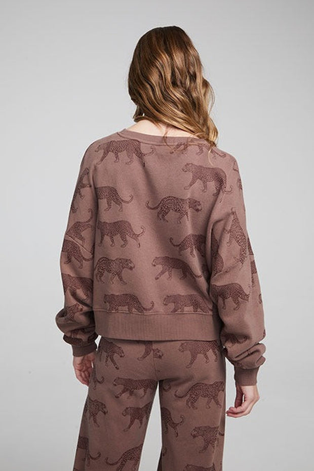 Chaser - Allover Leopards Long Sleeve Top in Deep Taupe