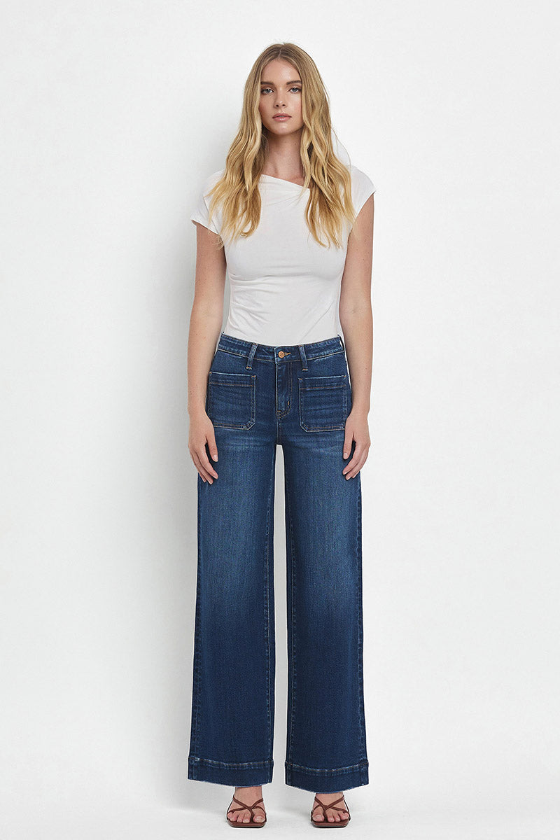 FLYING MONKEY - High Rise Patch Pocket Trouser Hem Wide Jeans