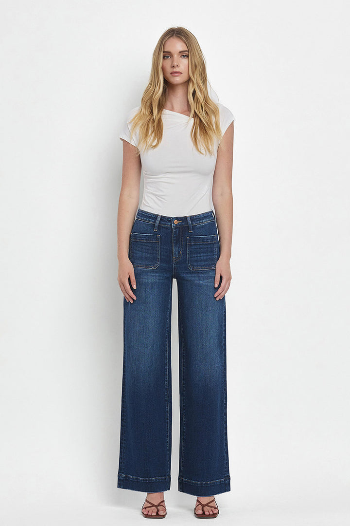 FLYING MONKEY - High Rise Patch Pocket Trouser Hem Wide Jeans
