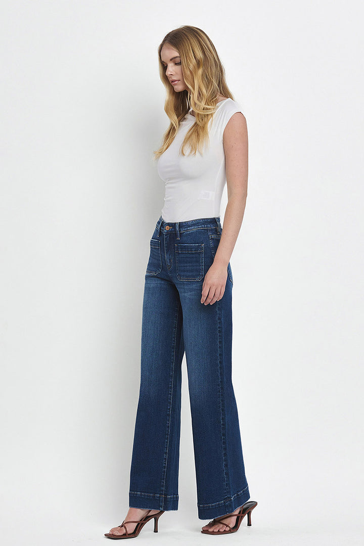 FLYING MONKEY - High Rise Patch Pocket Trouser Hem Wide Jeans