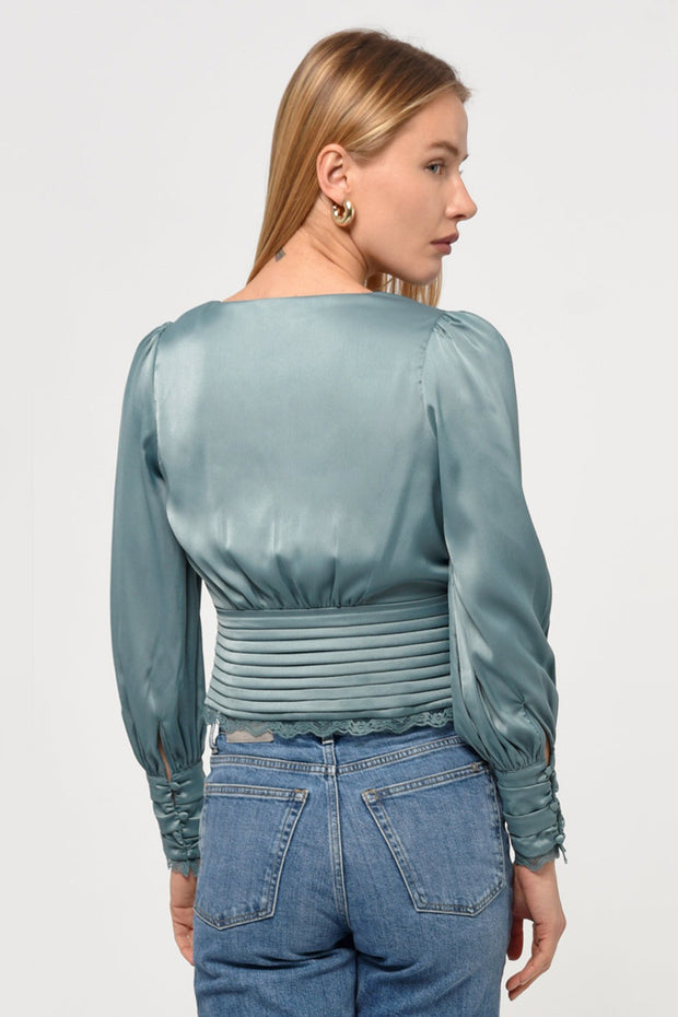 GREYLIN - Taylor Button Front Satin Blouse in Misty Blue