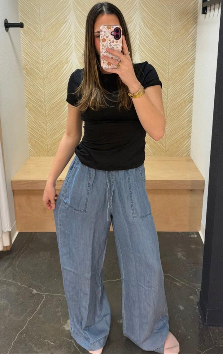 Be Cool - Wide Leg Chambray Pants in Blue Wash