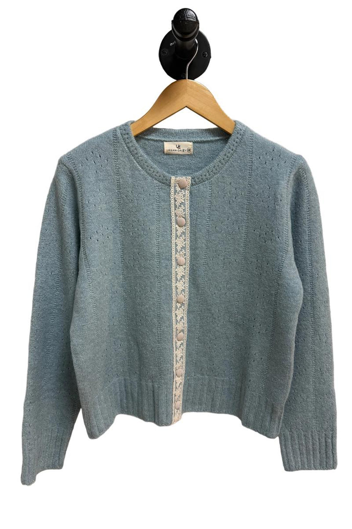 Urban Daizy - Lace Trim Wool Blend Cardigan in Pastel Blue