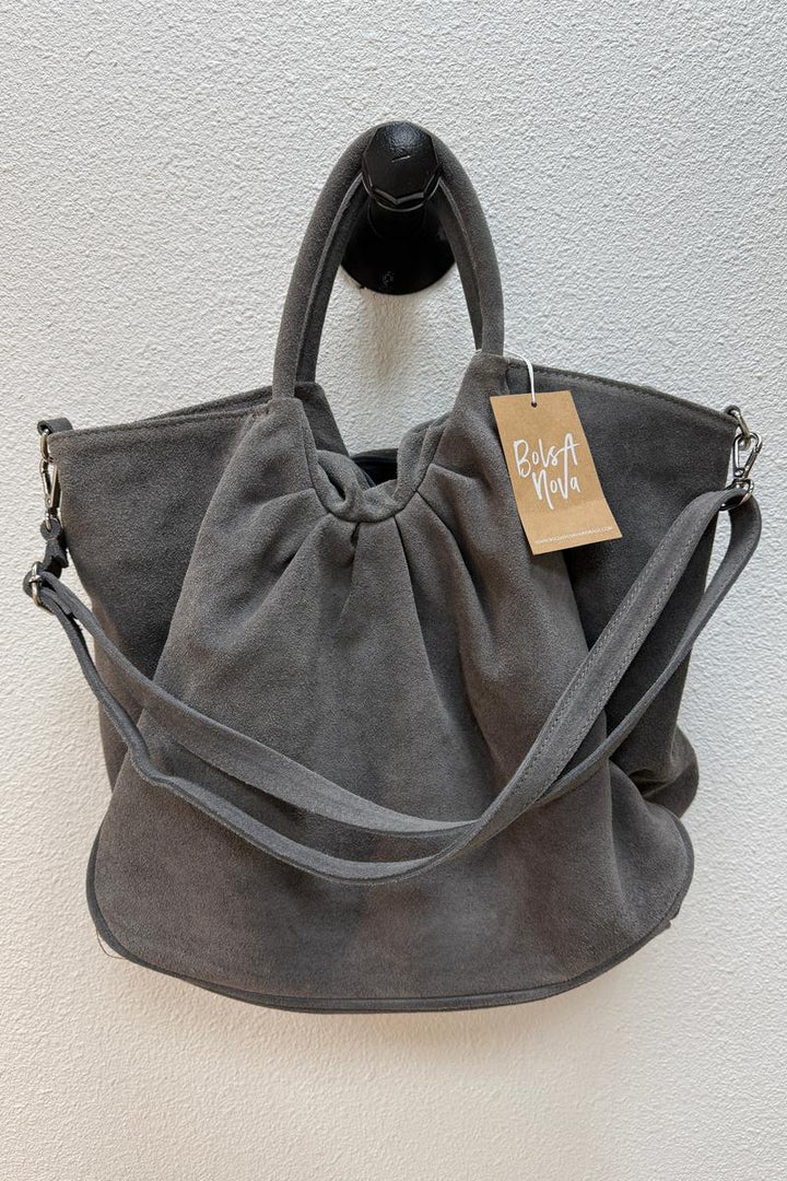 Bolsa Nova - Capri Gathered Suede Satchel in Grey