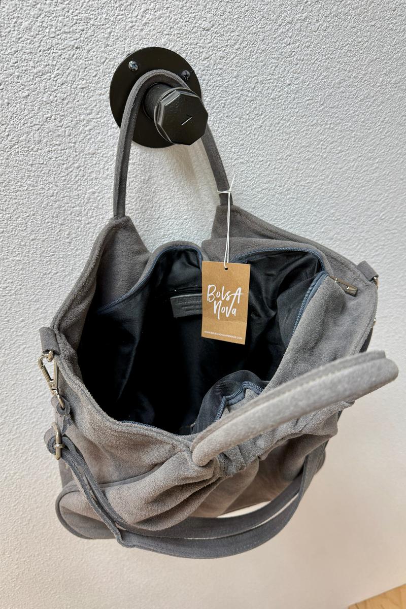 Bolsa Nova - Capri Gathered Suede Satchel in Grey