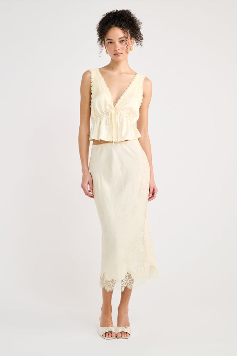 RUMORED - Lady Lace Midi Skirt in Ivory Jacquard