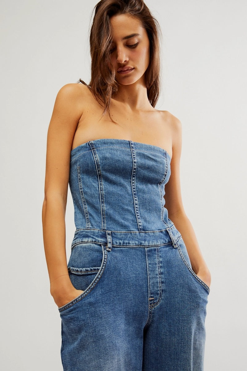 Free People - We The Free Je Suis Pret Barrel Jumpsuit in Petit Blue