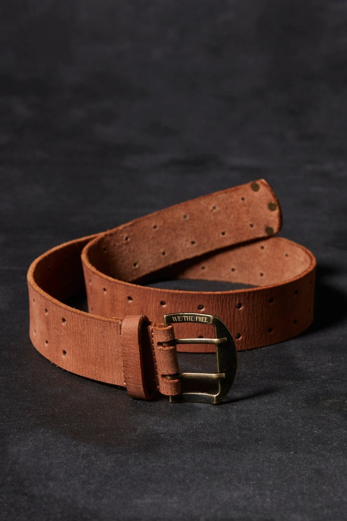 Free People Cognac Leather Waist Belt with Antique Brass Double Ring Caia | Double Ring Leather Belt with Gold Buckle for Women  main image 3