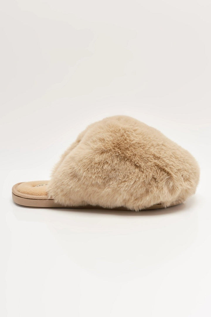 Free People - Snowball Slippers in Taupe Faux Fur