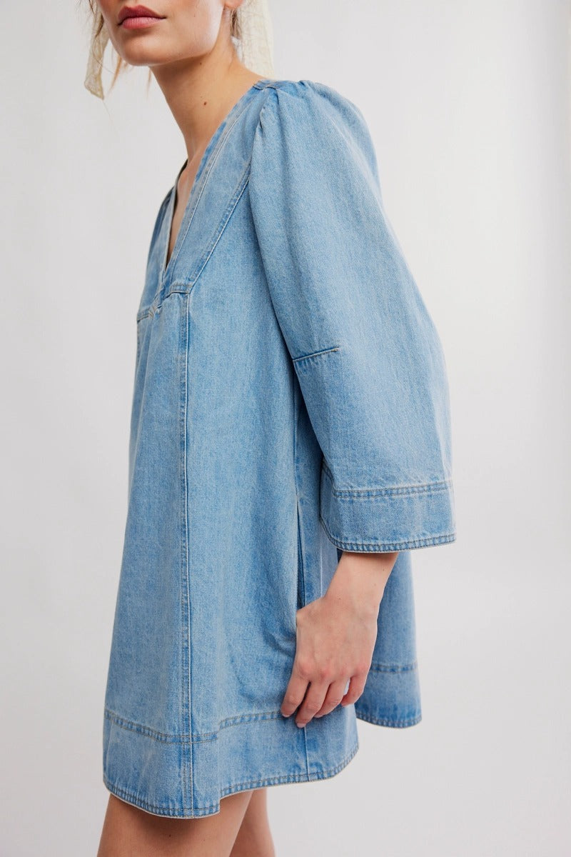 Free People - Goldie Denim Mini Dress in Celestial Blue
