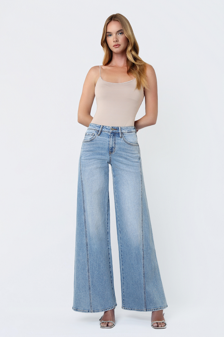 Flying Monkey - Mid Rise Light Wash Twisted Seam Palazzo Jeans in Sulphur Springs