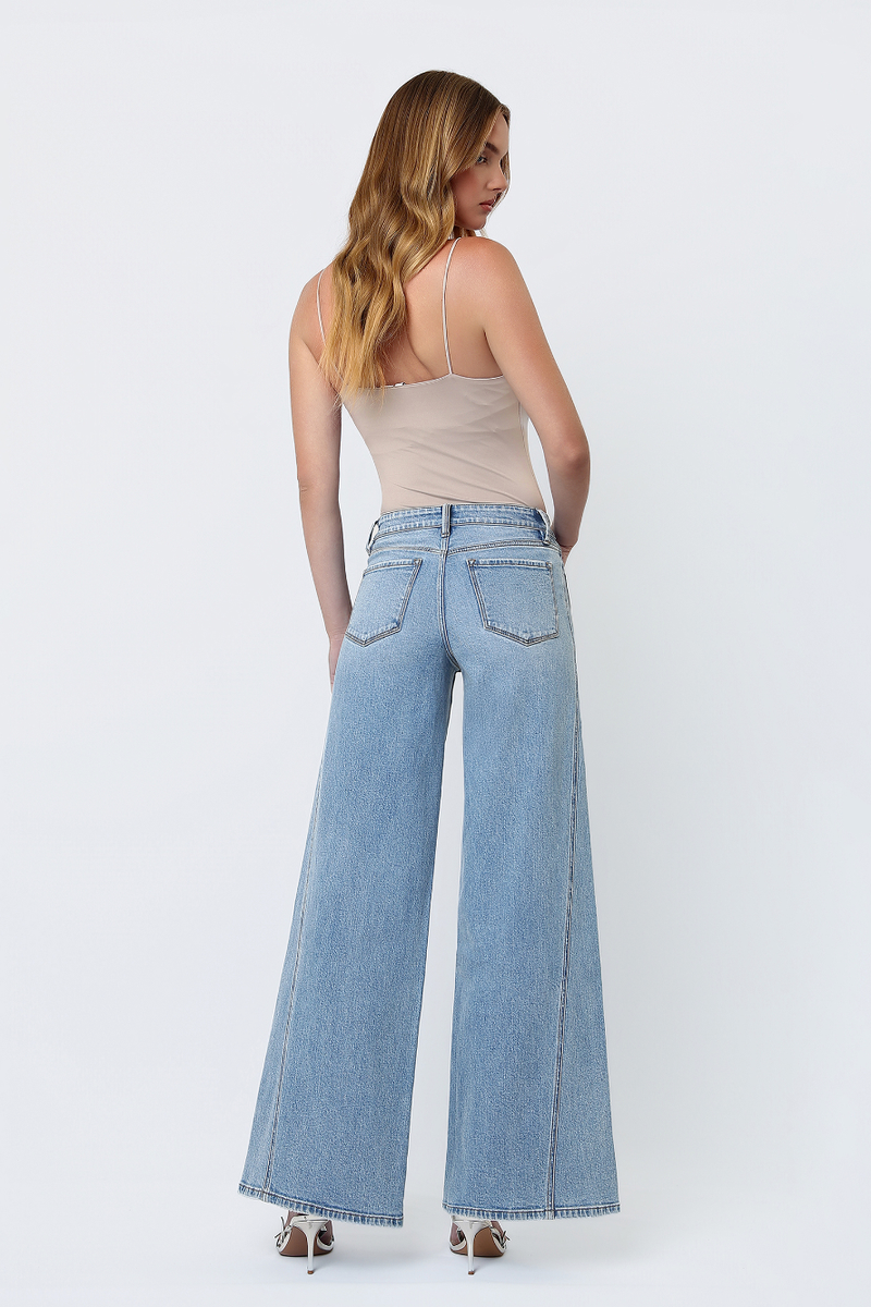 Flying Monkey - Mid Rise Light Wash Twisted Seam Palazzo Jeans in Sulphur Springs