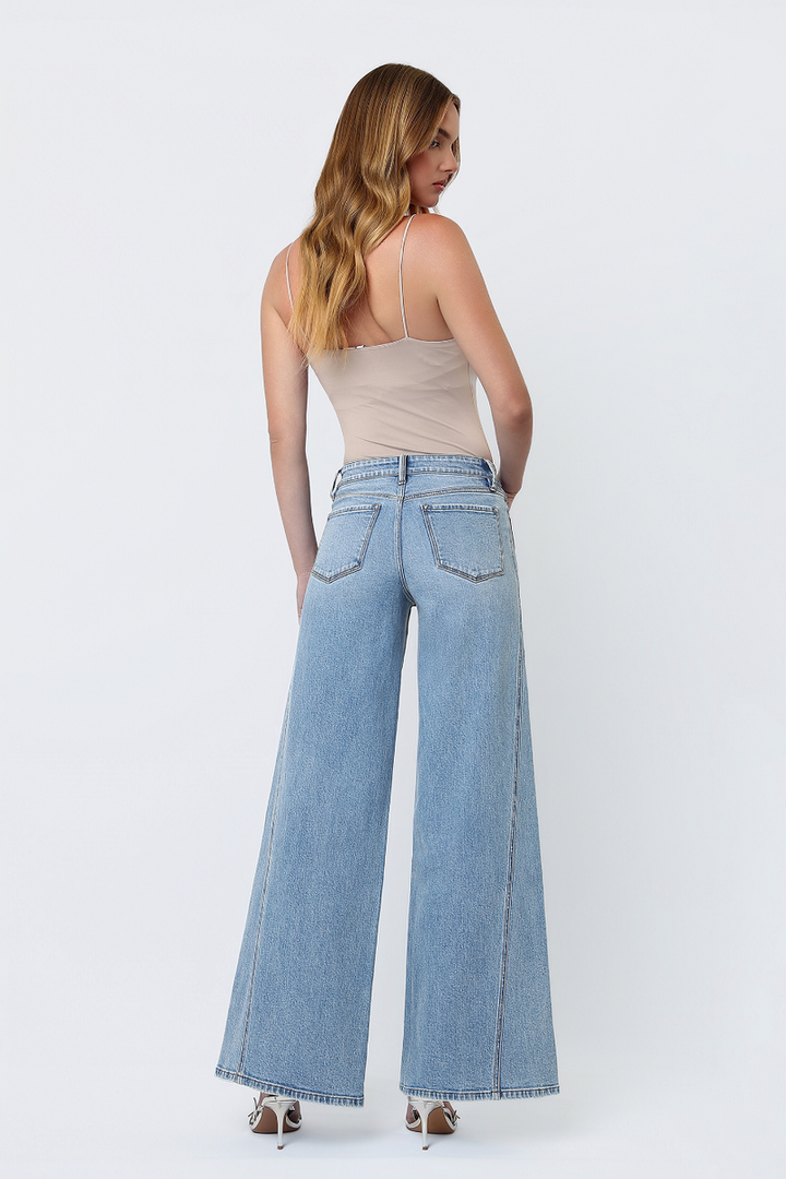 Flying Monkey - Mid Rise Light Wash Twisted Seam Palazzo Jeans in Sulphur Springs