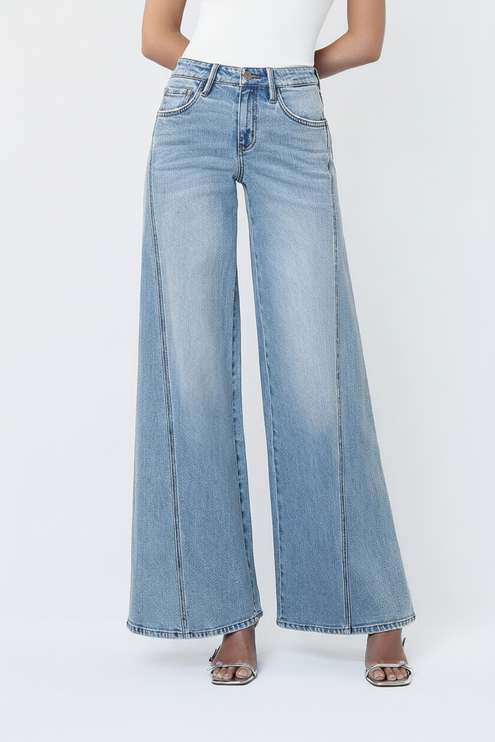 Flying Monkey - Mid Rise Light Wash Twisted Seam Palazzo Jeans in Sulphur Springs