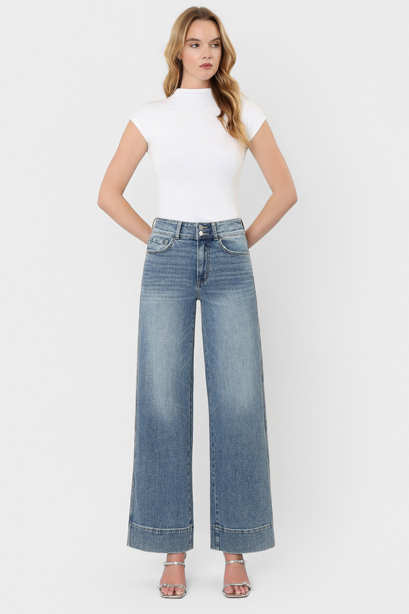 Flying Monkey - Super High Rise Half Yoke Trouser Hem Wide Leg Jeans in The Backdrop