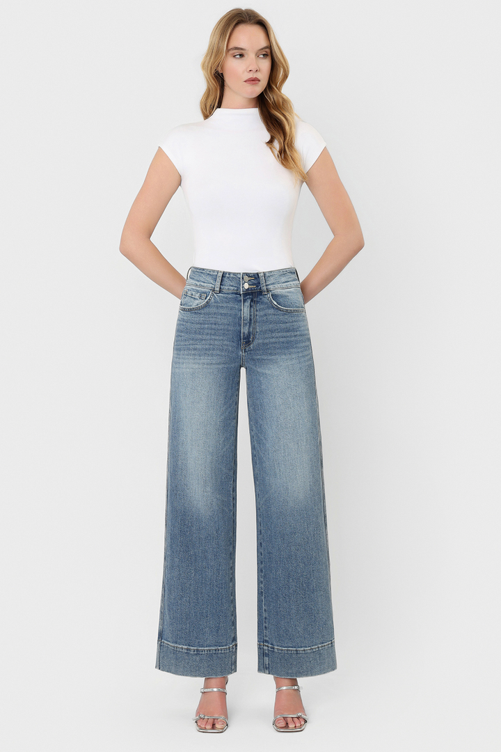 Flying Monkey - Super High Rise Half Yoke Trouser Hem Wide Leg Jeans in The Backdrop