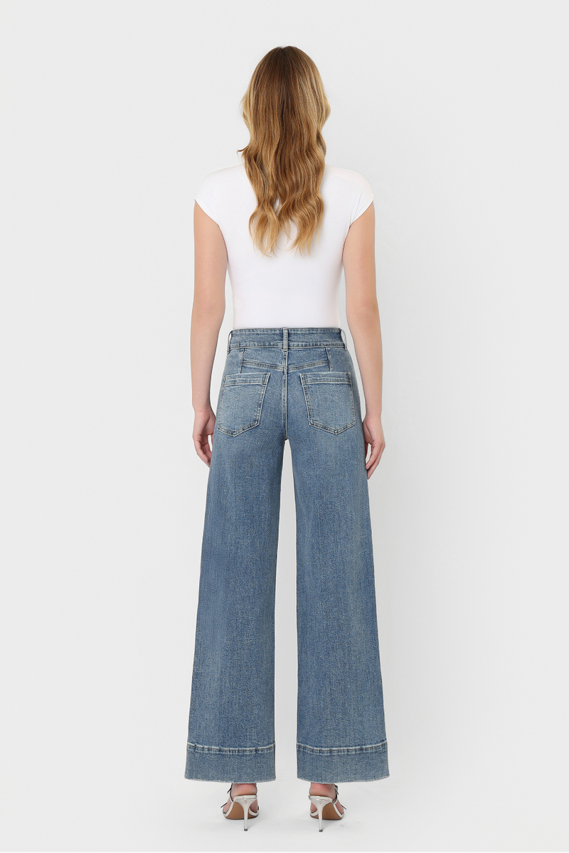 Flying Monkey - Super High Rise Half Yoke Trouser Hem Wide Leg Jeans in The Backdrop