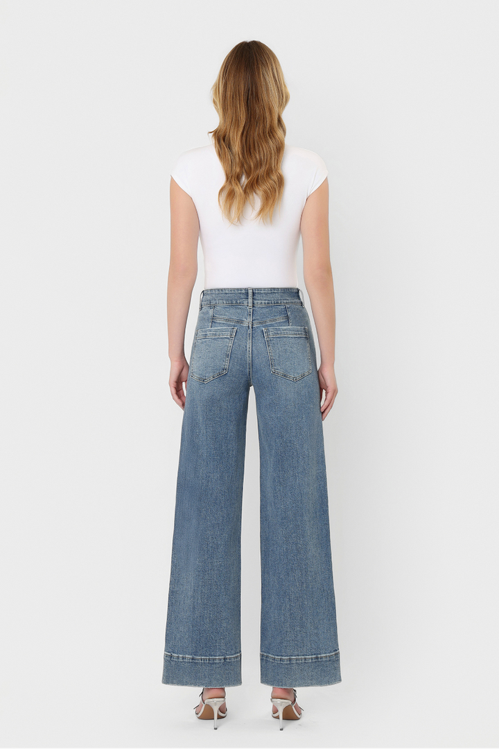 Flying Monkey - Super High Rise Half Yoke Trouser Hem Wide Leg Jeans in The Backdrop