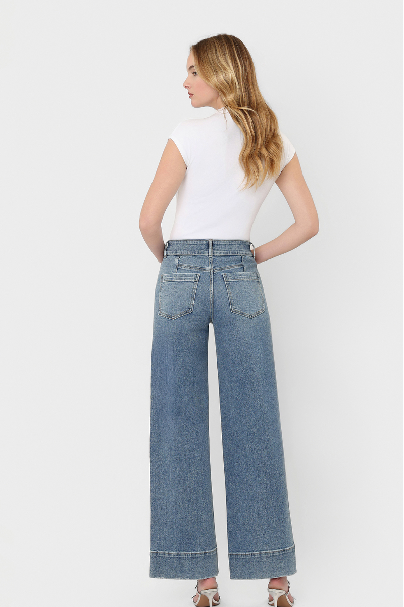 Flying Monkey - Super High Rise Half Yoke Trouser Hem Wide Leg Jeans in The Backdrop