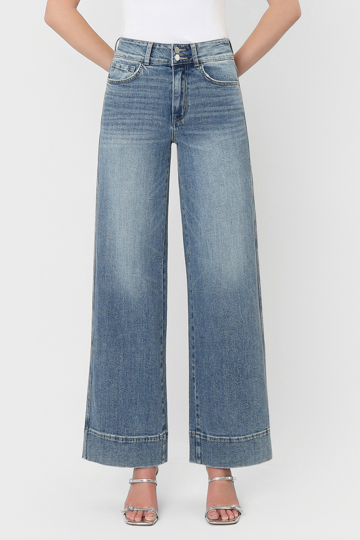 Flying Monkey - Super High Rise Half Yoke Trouser Hem Wide Leg Jeans in The Backdrop