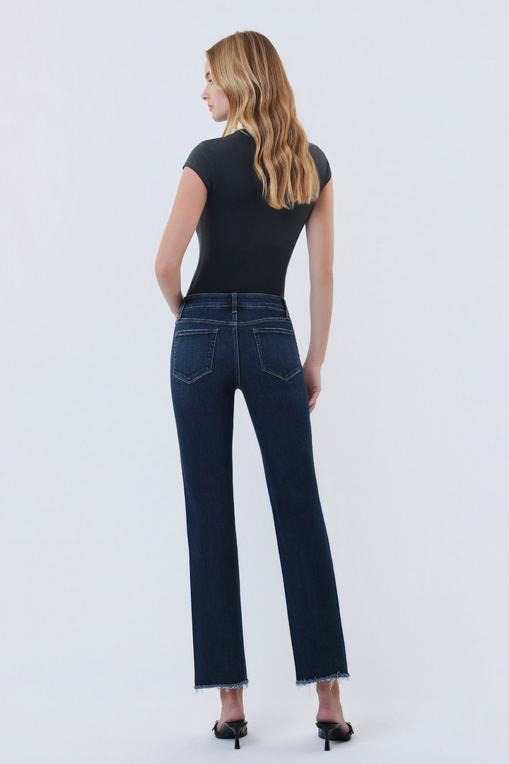 VERVET - Mid Rise Dark Wash Raw Hem Ankle Straight Jeans in Reunite