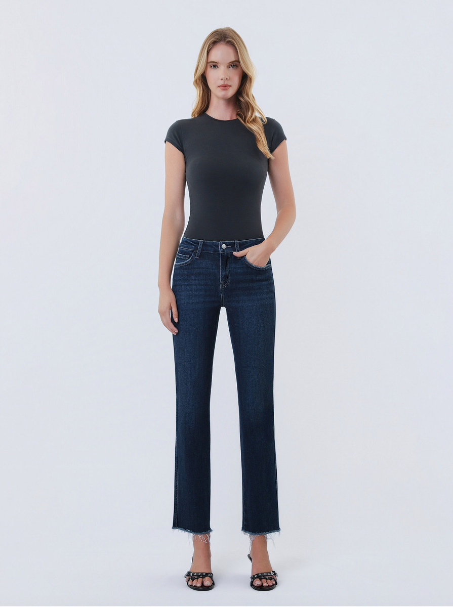VERVET - Mid Rise Dark Wash Raw Hem Ankle Straight Jeans in Reunite