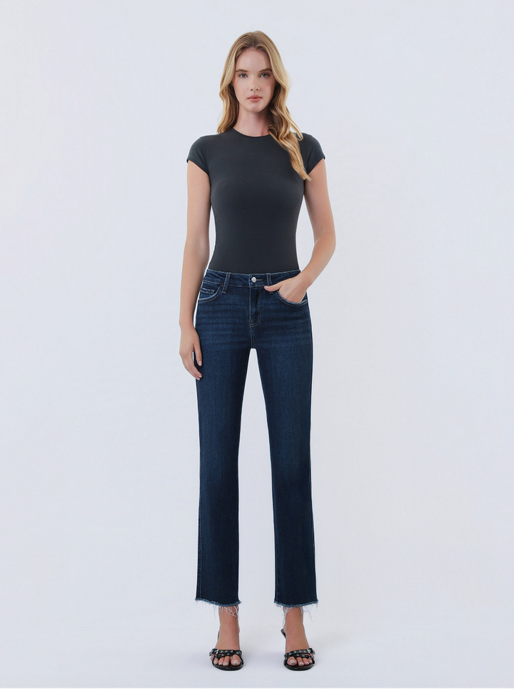 VERVET - Mid Rise Dark Wash Raw Hem Ankle Straight Jeans in Reunite