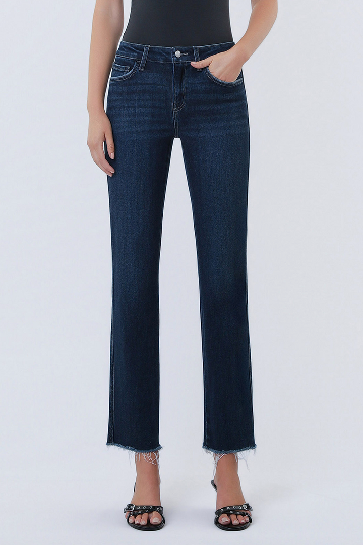 VERVET - Mid Rise Dark Wash Raw Hem Ankle Straight Jeans in Reunite
