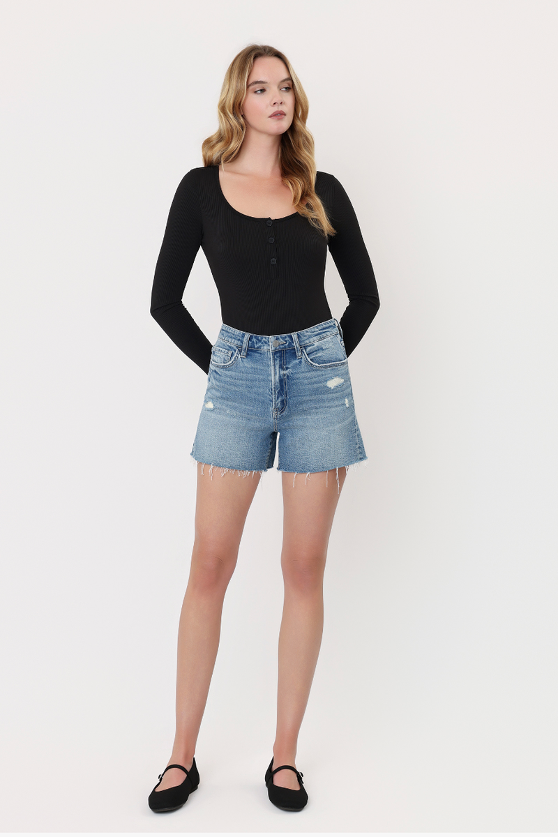 VERVET - Super High Rise A Line Denim Shorts in Live-Wire