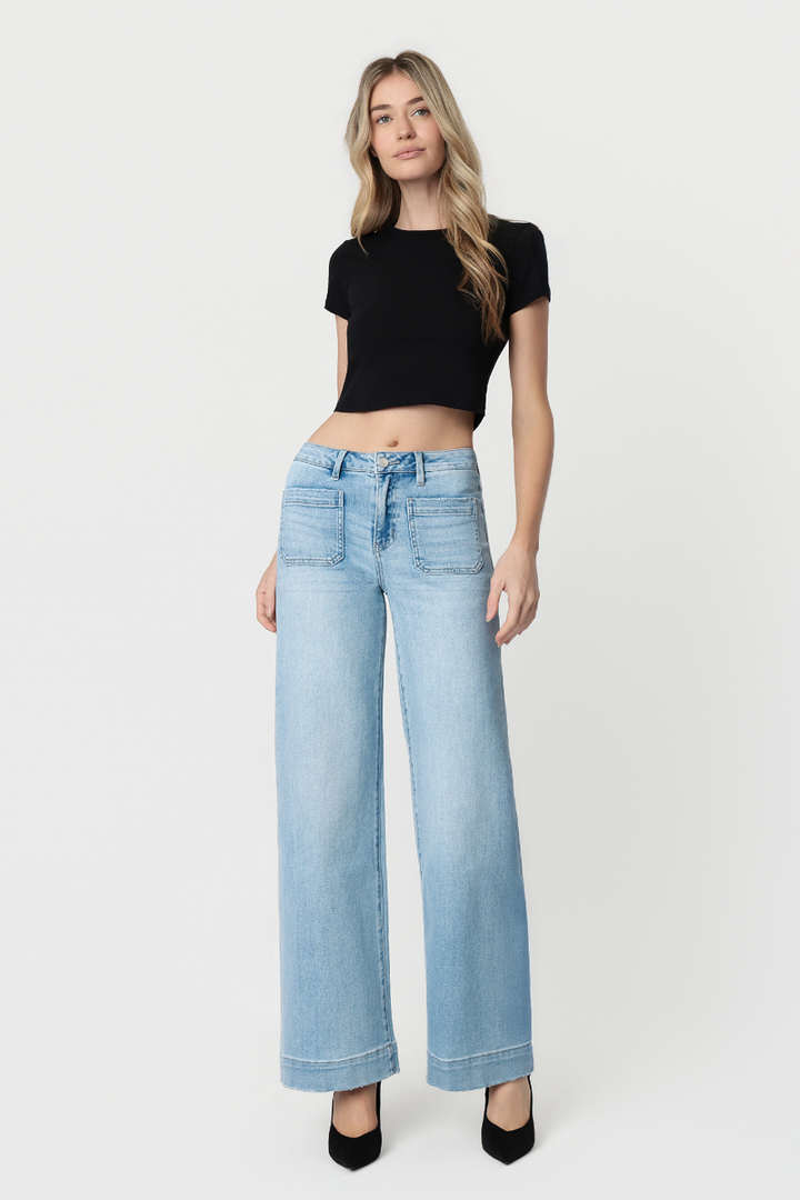 Flying Monkey - High Rise Light Wash Trouser Hem Wide Leg Jeans F5764N