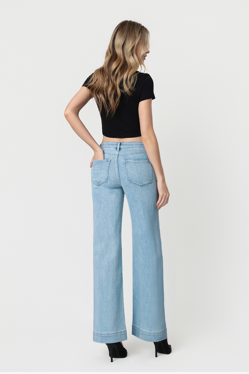 Flying Monkey - High Rise Light Wash Trouser Hem Wide Leg Jeans F5764N