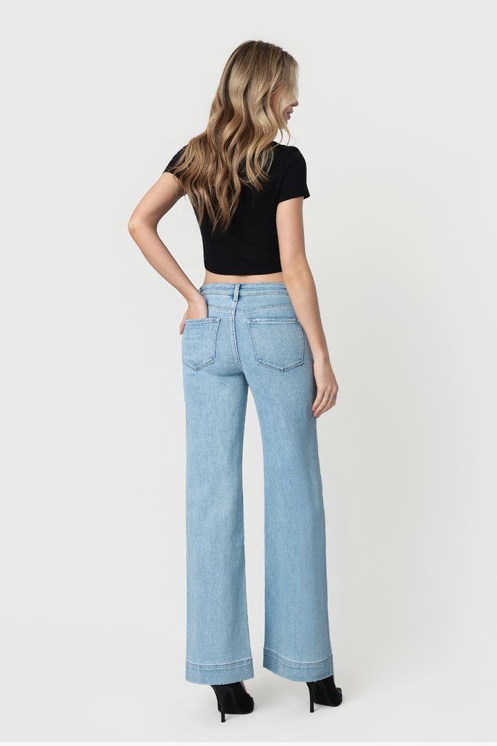 Flying Monkey - High Rise Light Wash Trouser Hem Wide Leg Jeans F5764N