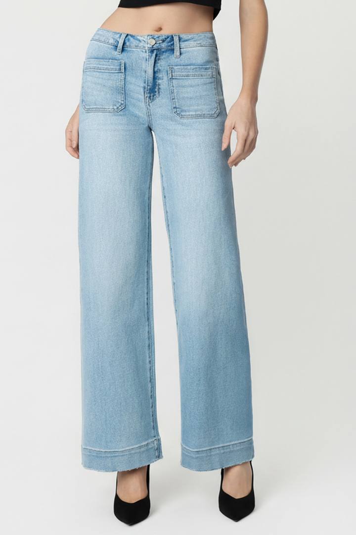 Flying Monkey - High Rise Light Wash Trouser Hem Wide Leg Jeans F5764N