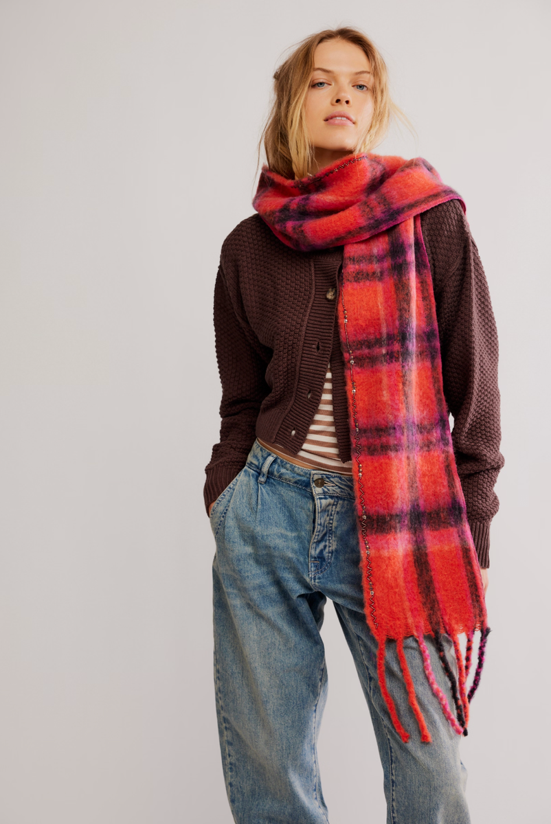 Free People - Highland Plaid Skinny Scarf in Pink Combo