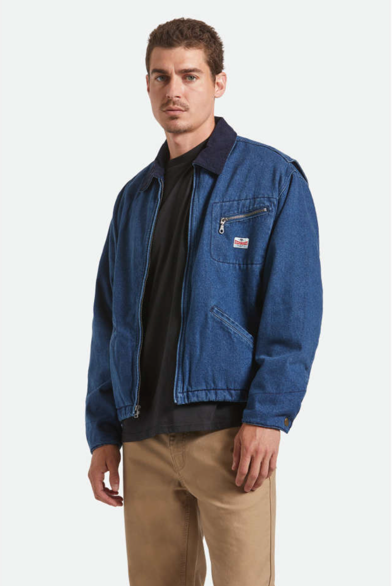 Brixton - Altered Threads Lined Garage Jacket in Medium Wash Denim