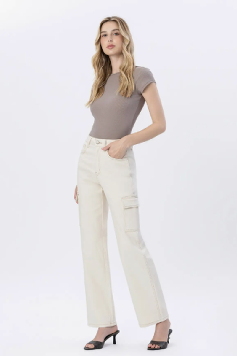 FLYING MONKEY - 90's Super High Rise Utility Cargo Dad Jeans Ecru